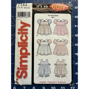 Simplicity Pattern 7143 Babies Dress, Pinafore & Panties Size NB-L (1-18 Months)